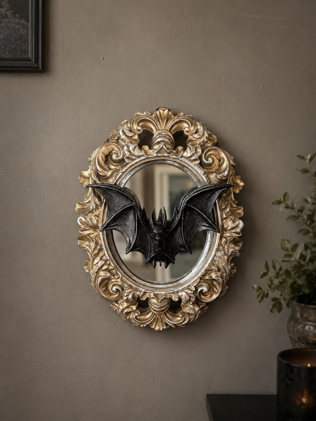 Gothic Bat Ornate Wall Mirror – Antique Gold bat wall mirror.